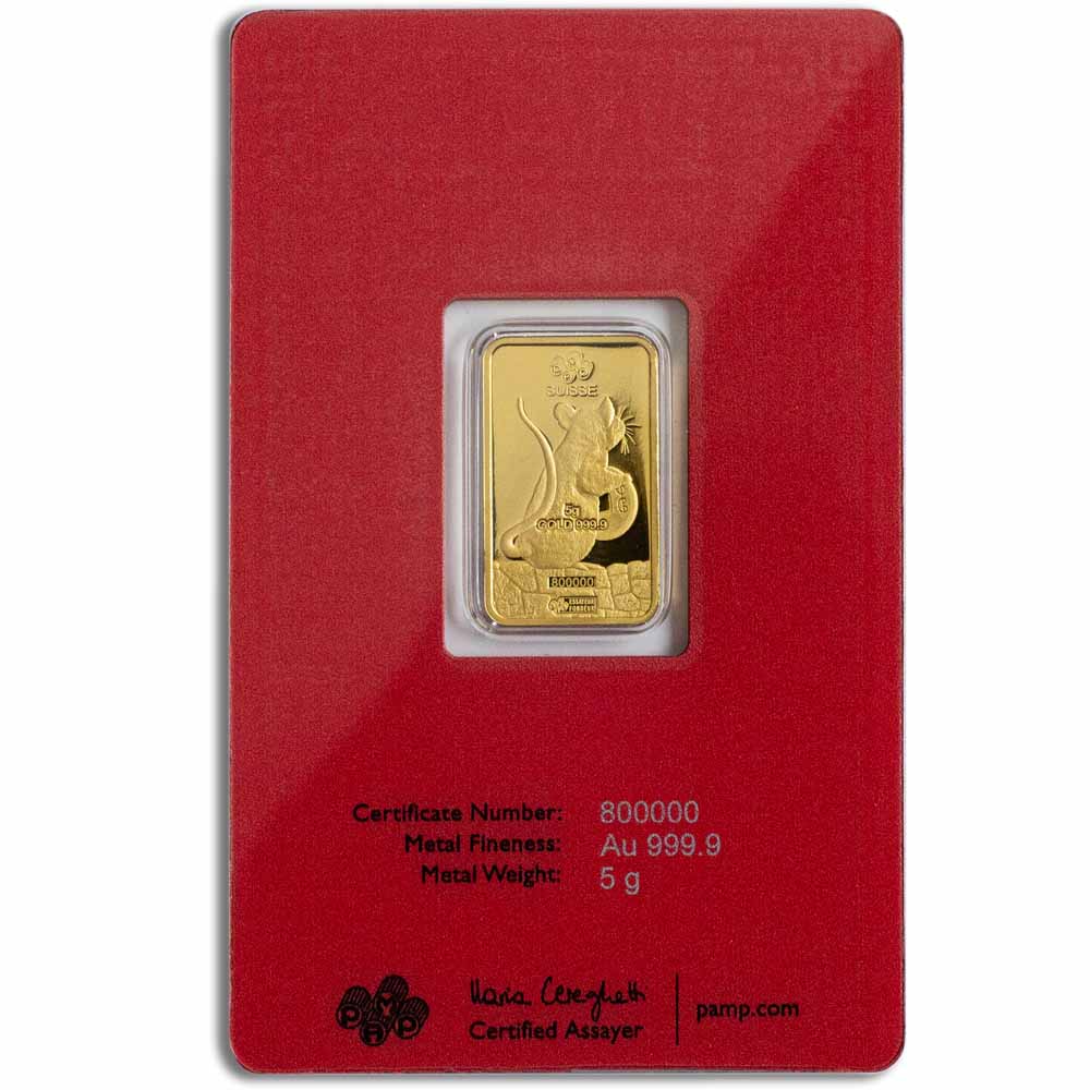5 Gram PAMP Suisse Lunar Rat Gold Bar (New w/ Assay)