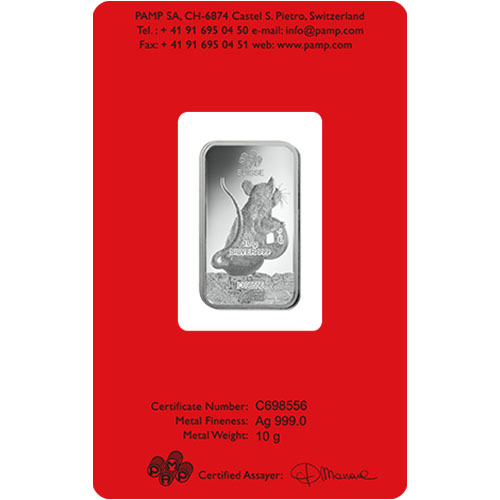 10 Gram PAMP Suisse Lunar Rat Silver Bar (New w/ Assay)