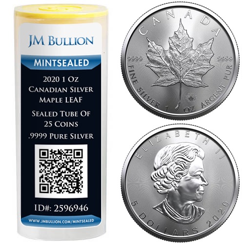 2020 Canadian Silver Maple Leaf Tube (MintSealed, 25 Coins, BU)