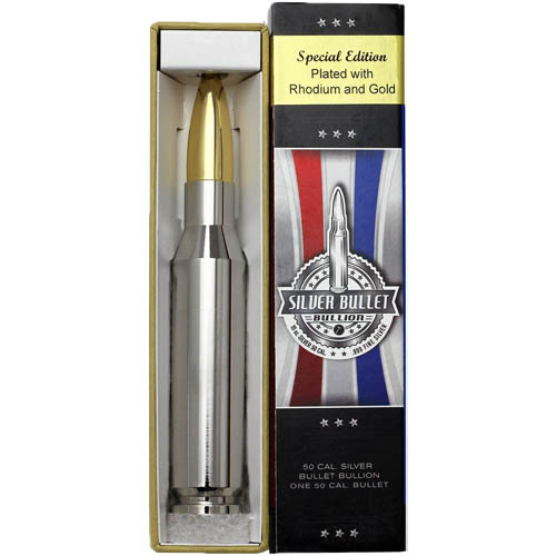10 oz Rhodium and Gold Plated Silver Bullet (.50 Caliber, New)