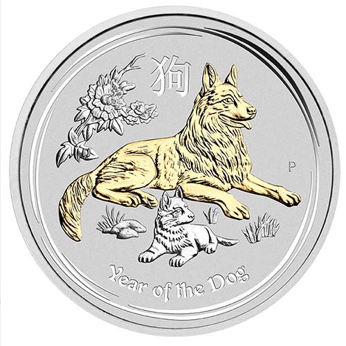 2018 1 oz Australian Silver Lunar Dog Coin (Gilded, BU w/ CoA)