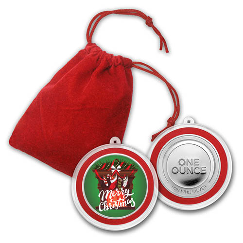 1 oz Colorized Merry Christmas Fireplace Silver Round