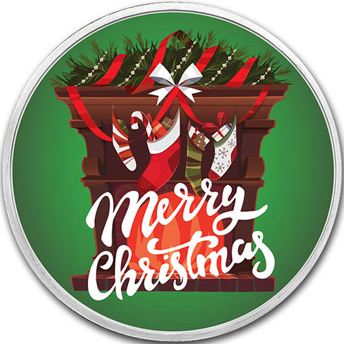 1 oz Colorized Merry Christmas Fireplace Silver Round