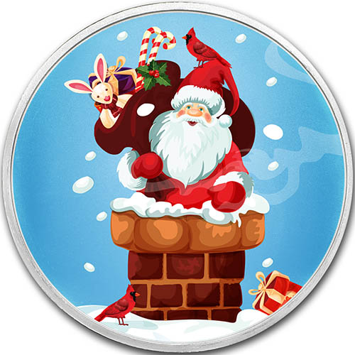 1 oz Colorized Santa Down The Chimney Silver Round