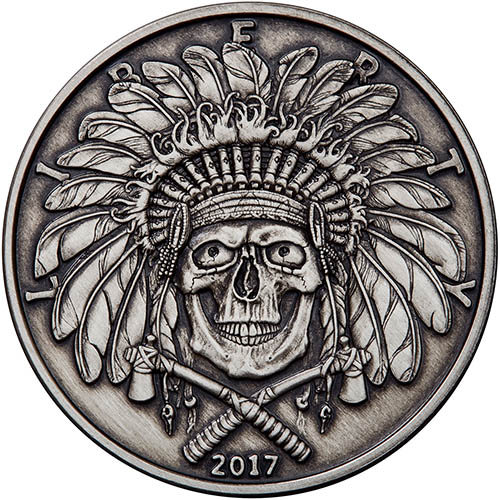 5 oz Antique American Western Skulls Indian Chief Silver Round (New w/ CoA)