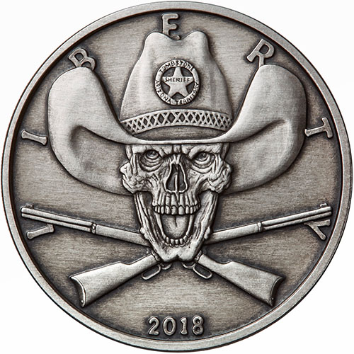 5 oz Antique American Western Skulls Old Sheriff Silver Round (New w/ CoA)