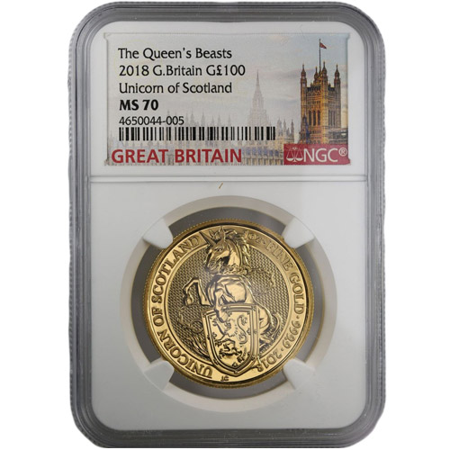 2018 1 oz British Gold Queen’s Beast Unicorn Coin NGC MS70
