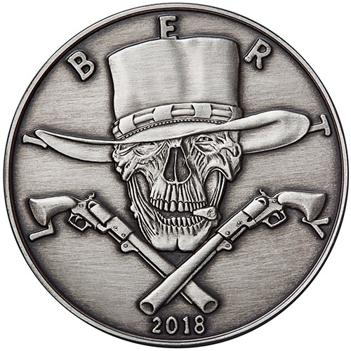 5 oz Antique American Western Skulls Gunslinger Silver Round (New w/ CoA)