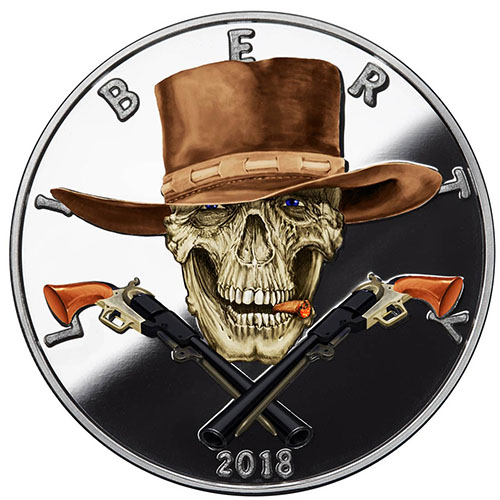 1 oz Colorized Proof American Western Skulls Gunslinger Silver Round (New w/ CoA)