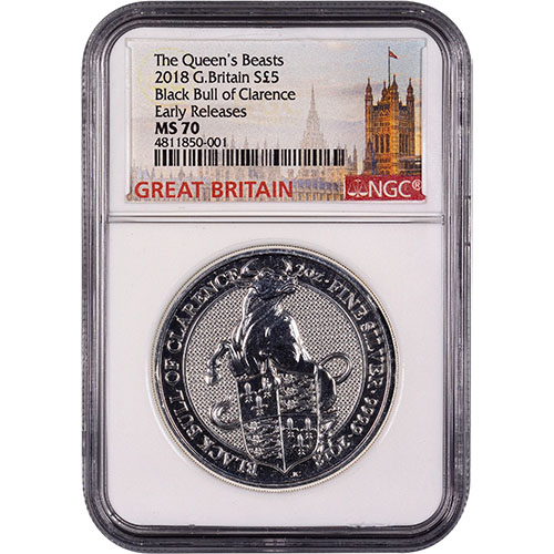 2018 2 oz British Silver Queen’s Beast Black Bull Coin NGC MS70 ER