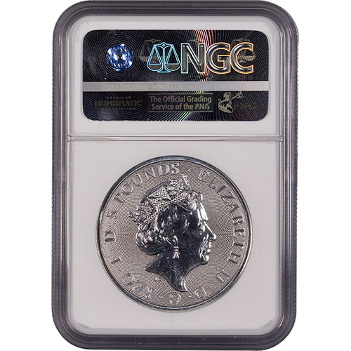 2018 2 oz British Silver Queen’s Beast Black Bull Coin NGC MS70 ER