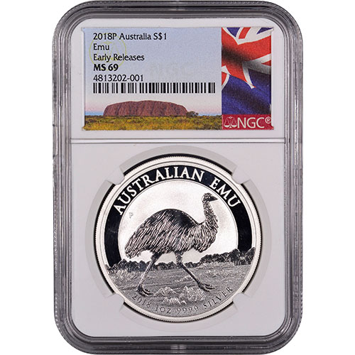 2018 1 oz Australian Silver Emu Coin NGC MS69 ER