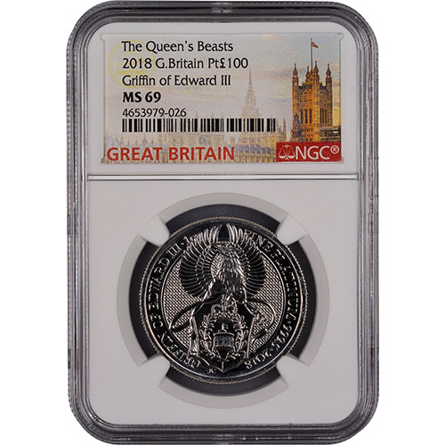 2018 1 oz British Platinum Queen's Beast Griffin Coin NGC MS69