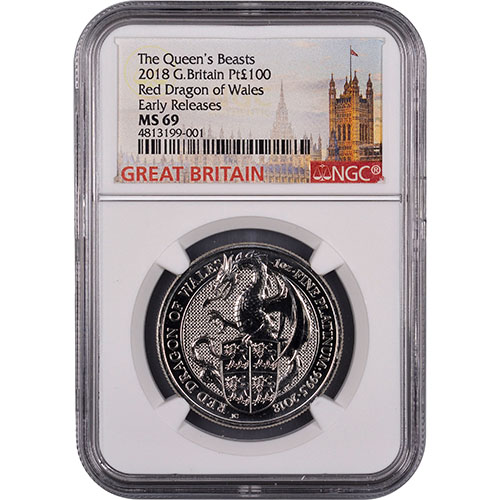 2018 1 oz British Platinum Queen’s Beast Dragon Coin NGC MS69 ER