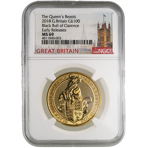 2018 1 oz British Gold Queen’s Beast Black Bull Coin NGC MS69 ER