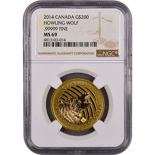 2014 1 oz Canadian Gold Howling Wolf Coin NGC MS69