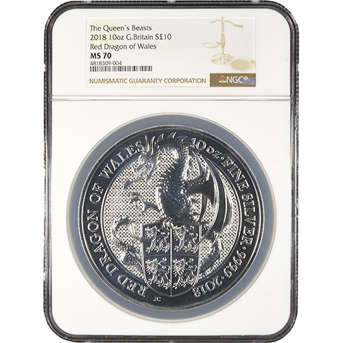 2018 10 oz British Silver Queen’s Beast Dragon Coin NGC MS70
