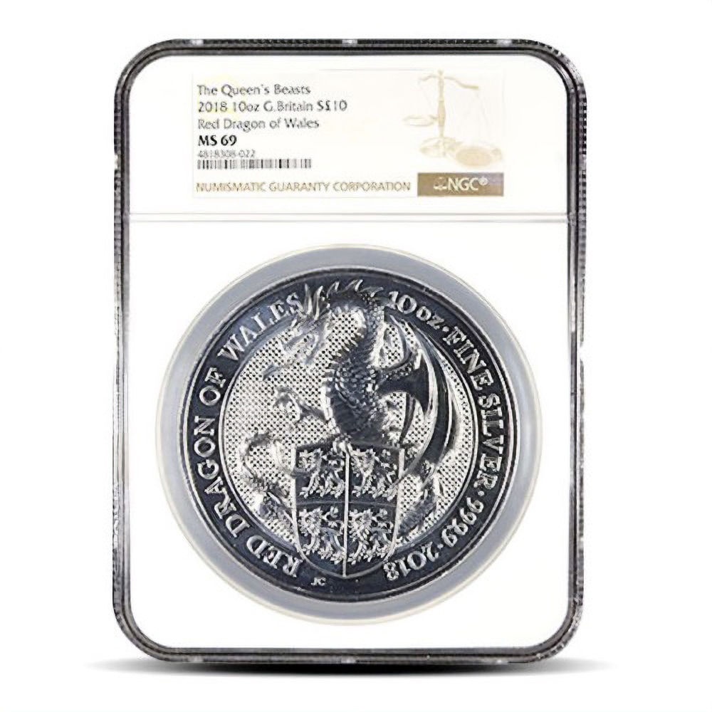 2018 10 oz British Silver Queen’s Beast Dragon Coin NGC MS69