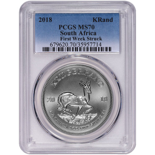 2018 1 oz South African Silver Krugerrand Coin PCGS MS70 (First Week Struck)