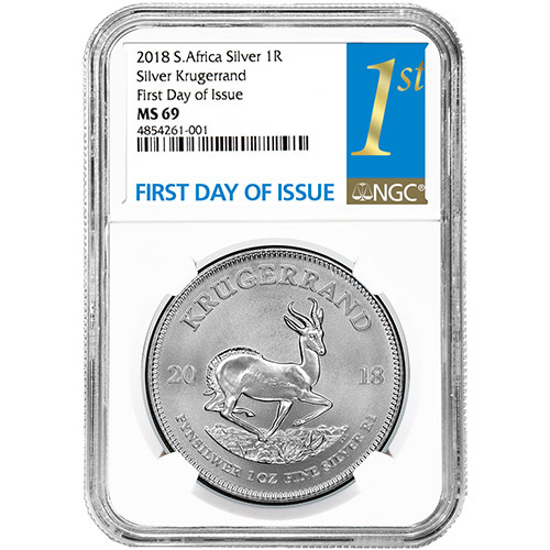 2018 1 oz South African Silver Krugerrand Coin NGC MS69 (First Day of Issue)