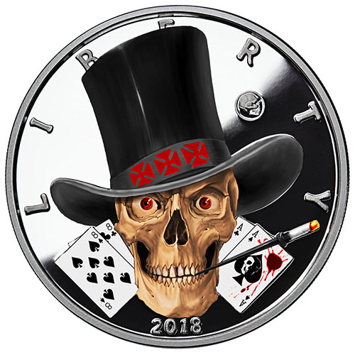 1 oz Colorized Proof American Western Skulls Gambler Silver Round (New w/ CoA)