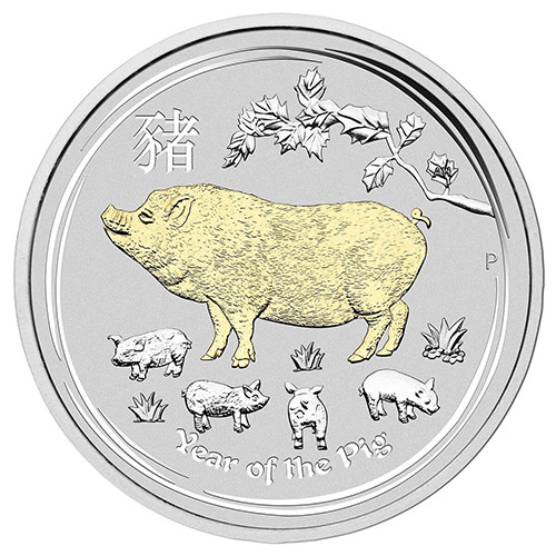 2019 1 oz Australian Silver Lunar Pig Coin (Gilded, Box + CoA)
