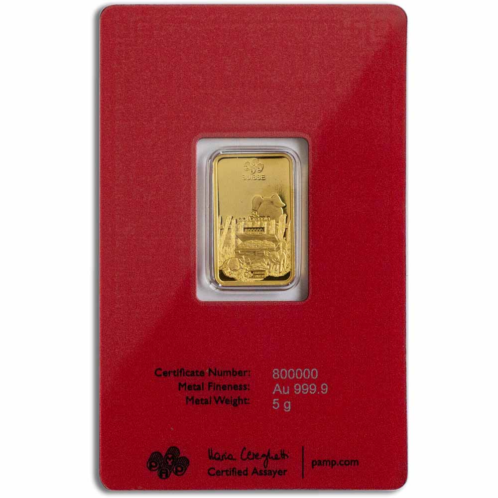 5 Gram PAMP Suisse Lunar Pig Gold Bar (New w/ Assay)